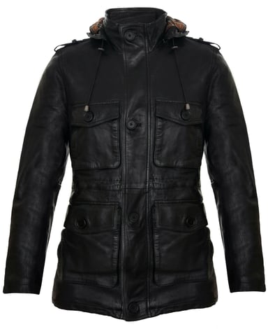 Chaqueta de cuero con capucha y múltiples bolsillos