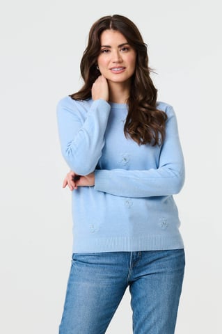 Light Blue Floral Gemstone Embellished Jumper