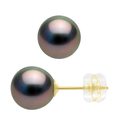 Earrings - Yellow Gold 375 - Real Cultured Tahiti Pearls Round 8-9 mm