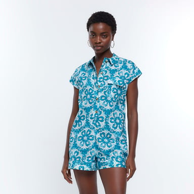 River Island Womens Playsuit Blue Aztec Short Sleeve