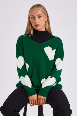 Jersey de punto de corazón extragrande con cuello en V verde