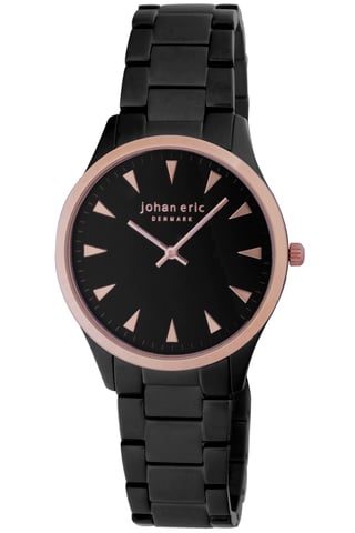 Johan Eric: HelsingÃ¸r, reloj para hombre, esfera negra con marcadores de hora triangulares en tono dorado rosa, caja y pulsera de ip negro con anillo de bisel y corona de ip dorado rosa.