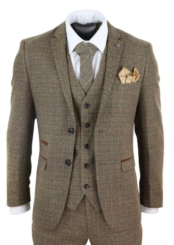 Traje retro vintage de tweed marrón a cuadros para hombre de 3 piezas