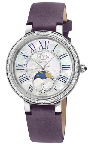 Reloj GV2 para mujer Genoa de caja de acero inoxidable, esfera de madreperla blanca, correa de cuero ciruela hecha a mano.