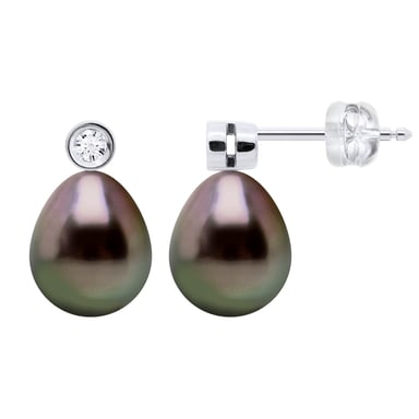 Earrings Prestige -Diamonds 0,02 Cts - White Gold - Real Cultured Tahiti Pearls Pear 9-10 mm