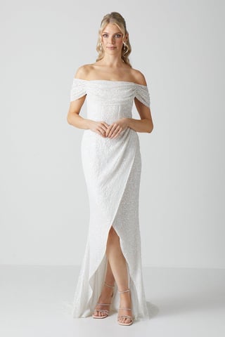 Draped Bardot Cap Sleeve Wrap Skirt Wedding Dress