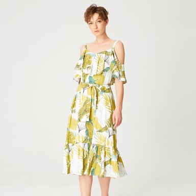 Tropical print trapeze dress with ruffles and thin straps
