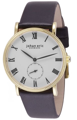 Reloj de hombre Johan eric, caja de oro amarillo, esfera blanca, correa de piel negra