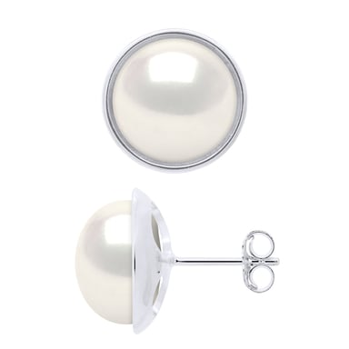 Earrings - Surroundings Sleek - Prestige - White Gold - Real Cultured Freshwater Pearls Button 10-11 mm