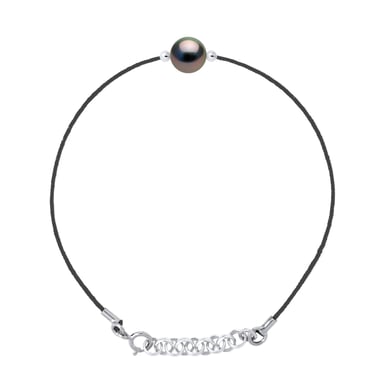 Bracelet Love Links in Twisted Nylon of Black Color adorned with a Real Cultured Tahiti Pearl Round 8-9 mm
