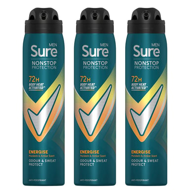 Sure Men Energise Deodorant Spray with 72H Nonstop Protection 250ml, 3 Pack