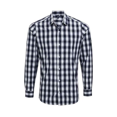 Premier Mens Mulligan Checked Cotton Long-Sleeved Shirt (White/Navy)