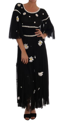 Vestido bordado de seda negra con margaritas de Dolce & Gabbana