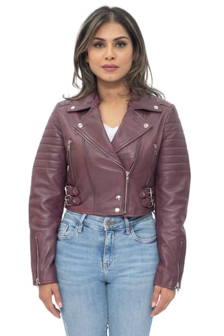 Chaqueta de motociclista de cuero Brando recortada para mujer - Damasco