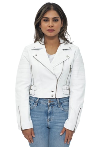 Chaqueta de motociclista de cuero Brando recortada para mujer - Damasco