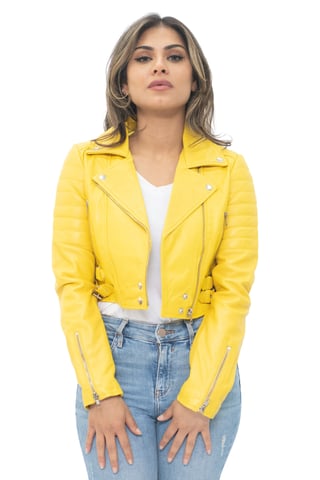 Chaqueta de motociclista de cuero Brando recortada para mujer - Damasco