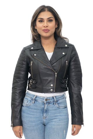 Chaqueta de motociclista de cuero Brando recortada para mujer - Damasco