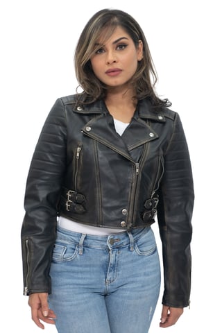 Chaqueta de motociclista de cuero Brando recortada para mujer - Damasco