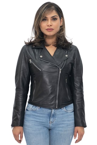 Chaqueta biker retro clásica de piel de napa roja para mujer - Bergen