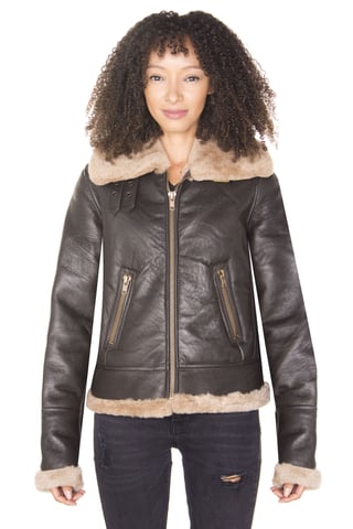 Chaqueta de aviador de piel de oveja B3 marrón para mujer - Kayseri