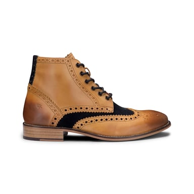 Botines brogue Gatsby de piel color tostado Oxford clásica para hombre con gamuza azul marino