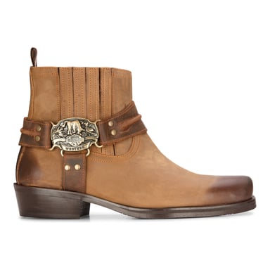 Botas de vaquero de cuero para hombre, botas de caza con punta cuadrada estilo western, color marrón tostado