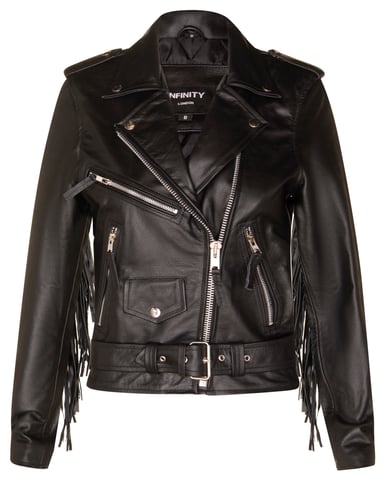Chaqueta biker con flecos y borlas para mujer, color negro - Seville