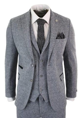 Traje de tweed de espiga gris de tres piezas para hombre