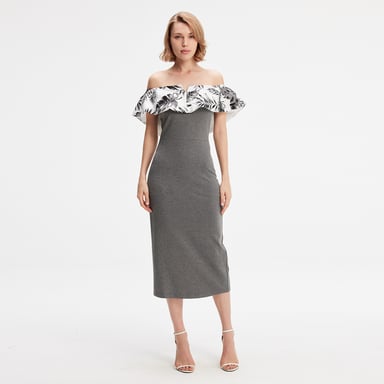 Bi-material bodycon dress with off shoulder printed