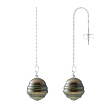 Hanging Earrings -2 Real Cultured Tahiti Pearls Circled 10-11 mm