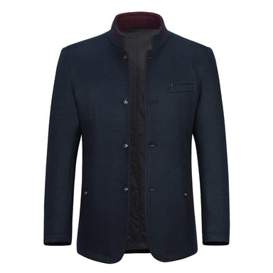 Men's Short Slim Fit Coat with Stand-Up Collar Business Casual Wool Overcoat Blue