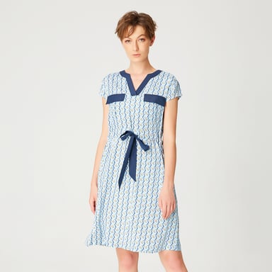 Tunic dress with drawstring belt and geometric print
