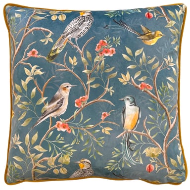 Cojín de terciopelo con pipas y relleno de plumas Wylder Tropics Orient Chinoiserie Birds