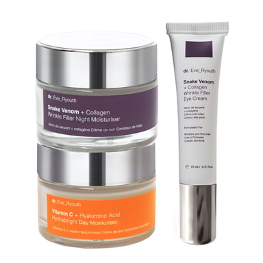 Vitamina C + Ácido Hialurónico Hidrabright Crema Hidratante de Día 50ml + Veneno de Serpiente + Colágeno Rellenador de Arrugas Crema Hidratante de Noche 50ml + Veneno de Serpiente + Colágeno Rellenador de Arrugas Contorno de Ojos 15
