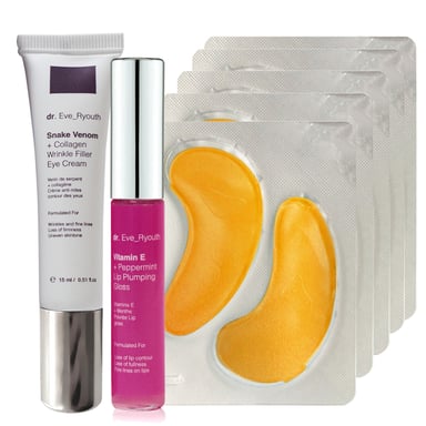 Oro de 24 quilates + Almohadillas para tratamientos de ojos hidratantes antioxidantes + Rellenos de labios con vitamina E y menta 8 ml + Veneno de serpiente + Crema para ojos rellenadora de arrugas con colágeno 15