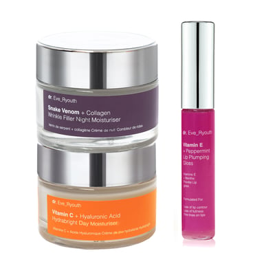 Vitamina C + Ácido Hialurónico Hidratante de Día Hydrabright 50ml + Veneno de Serpiente + Hidratante de Noche Rellenador de Arrugas con Colágeno 50ml + Lip LPumps con Vitamina E 8ml