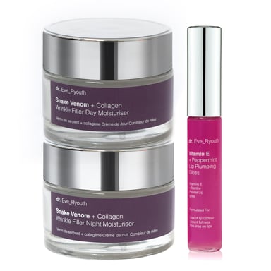Snake Venom + Colágeno Rellenador de Arrugas Hidratante de Día 50 ml + Snake Venom + Colágeno Rellenador de Arrugas Hidratante de Noche 50 ml + Vitamina E Rellenador de Labios 8 ml