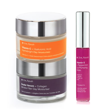 Vitamina C + Ácido Hialurónico Hidratante de Día Hydrabright 50 ml + Veneno de Serpiente + Hidratante de Día Rellenador de Arrugas con Colágeno 50 ml + Relleno de Labios con Vitamina E 8 ml