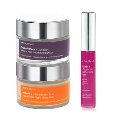 Vitamina C + Ácido Hialurónico Hidratante de Noche Hydrabright 50 ml + Veneno de Serpiente + Hidratante de Noche Rellenador de Arrugas con Colágeno 50 ml + Relleno de Labios con Vitamina E 8 ml