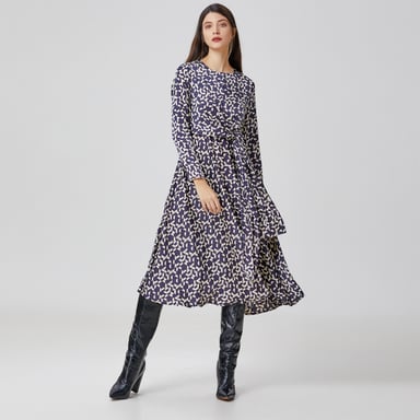Flared printed satin dress with side knotted panel