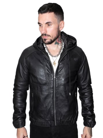 Chaqueta bomber informal de cuero con capucha para hombre - Odesa