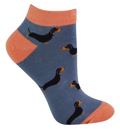 Calcetines de Bambú para Mujer | Miss Sparrow | Calcetines Bajos Transpirables para Mujer - Perros Salchicha (Azul)