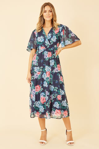 Navy Floral Wrap Midi Dress With Tiered Hem