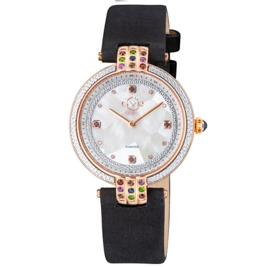 GV2 Matera Reloj de cuarzo suizo para mujer con esfera de nácar blanco y correa de ante negra con diamantes