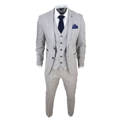 Traje de hombre de 3 piezas en color gris tostado y marrón a cuadros, corte entallado