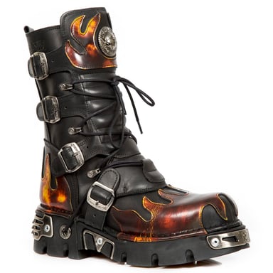 Botas de cuero negras y rojas con detalles en llamas de New Rock 591-S1