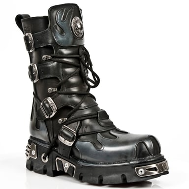 Botas de cuero negras y plateadas con detalles de llamas de New Rock 591-S2