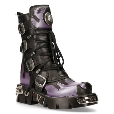 Botas de motociclista con calavera de cuero negro y rojo con detalles en llamas de New Rock M-591-S5