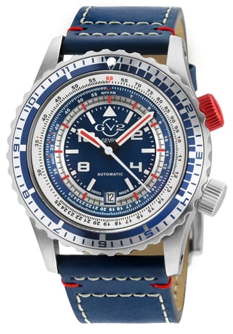 GV2 Contasecondi Men's Blue/Red Dial Blue Calfskin Leather Watch