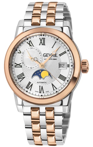 Reloj automático suizo para hombre Gevril Madison con fase lunar y corazón abierto en dial plateado/negro, acero inoxidable color oro rosa.